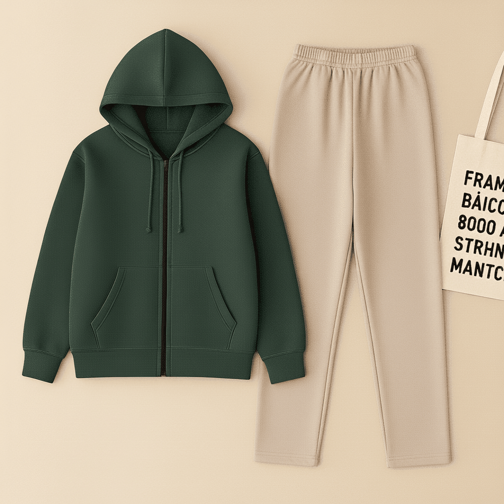 Dark Green Zipper And Beige Trouser set