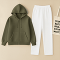 Olive Zipper And White Trouser Set