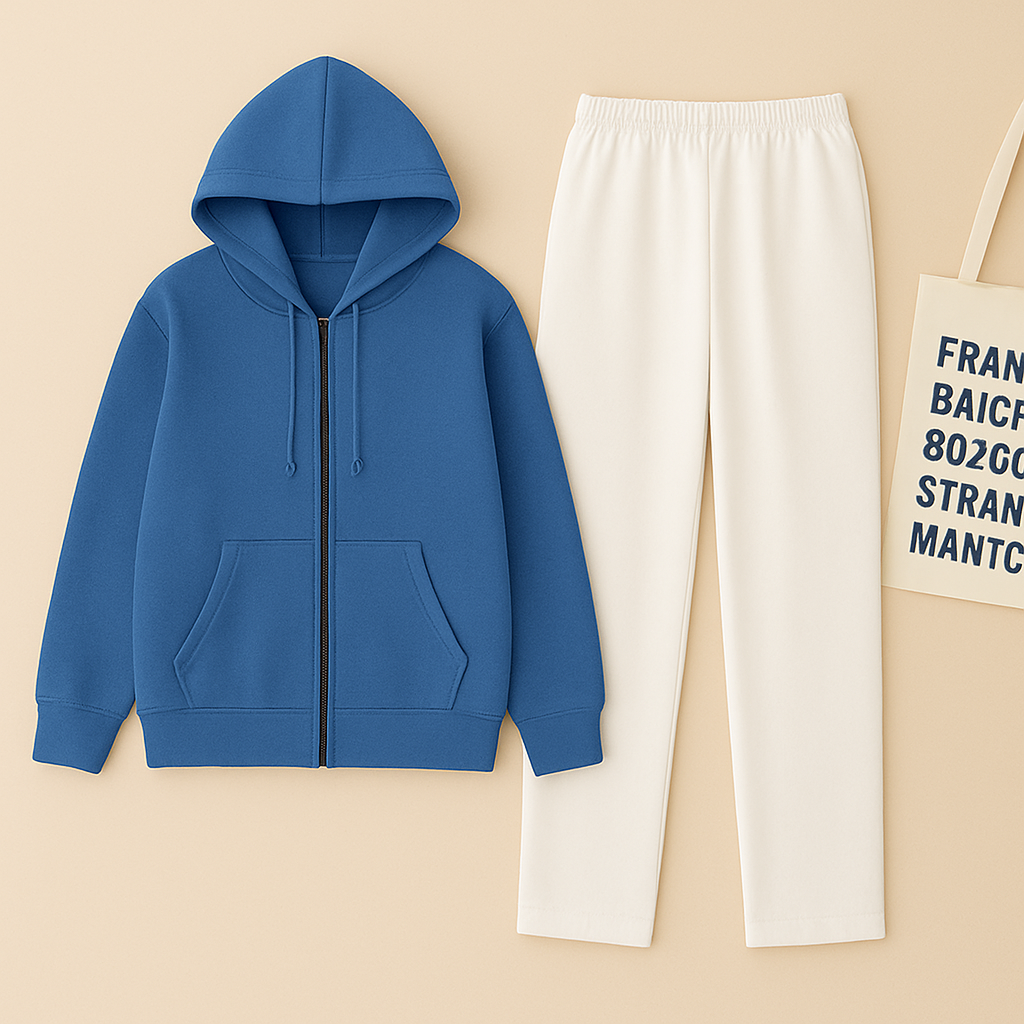 Zipper Hoodie And White Trouser set