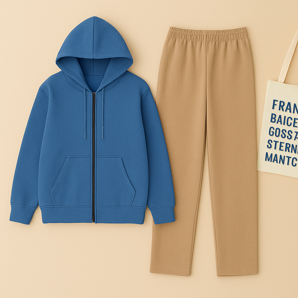 Zipper Hoodie And Beige Trouser set