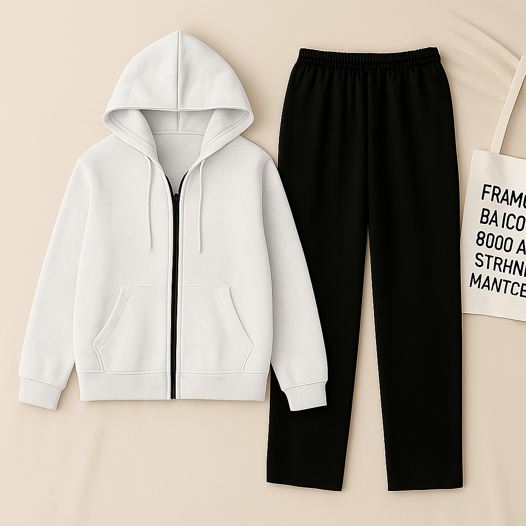Zipper Hoodie And Black Trouser Set