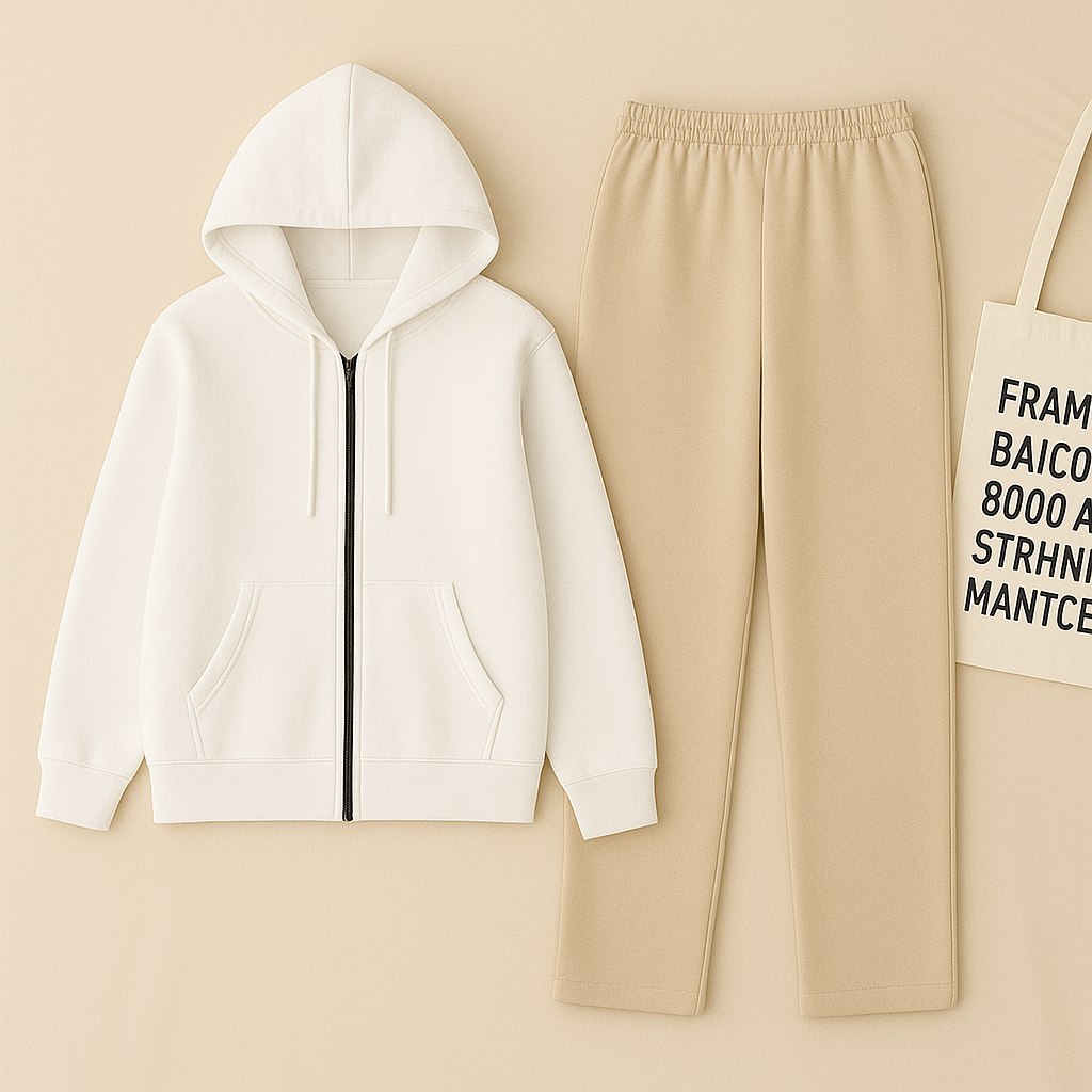 Zipper Hoodie And Beige Trouser set