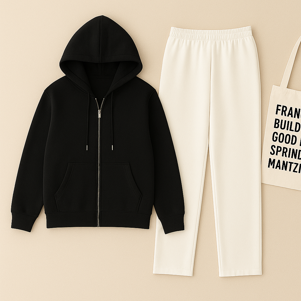 Zipper Hoodie And White Trouser set