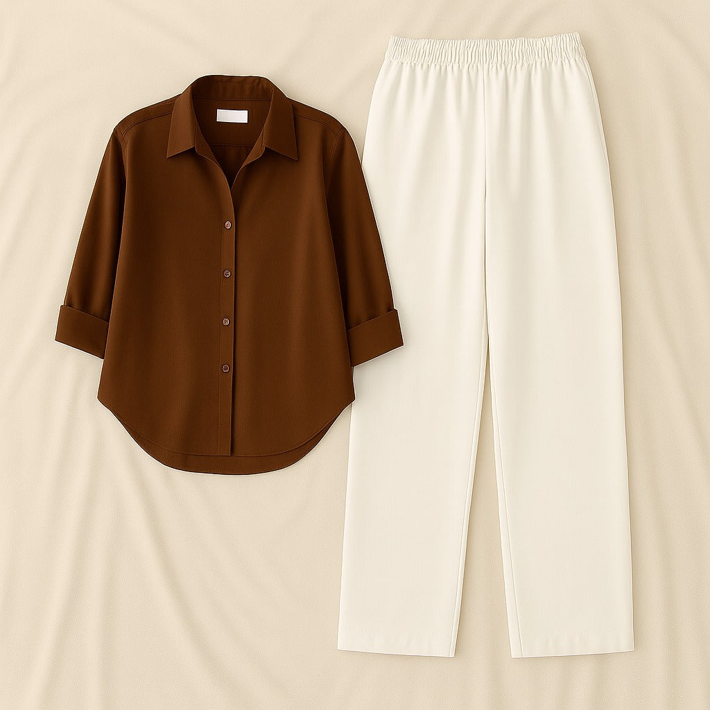 Brown Shirt & White Pant Set