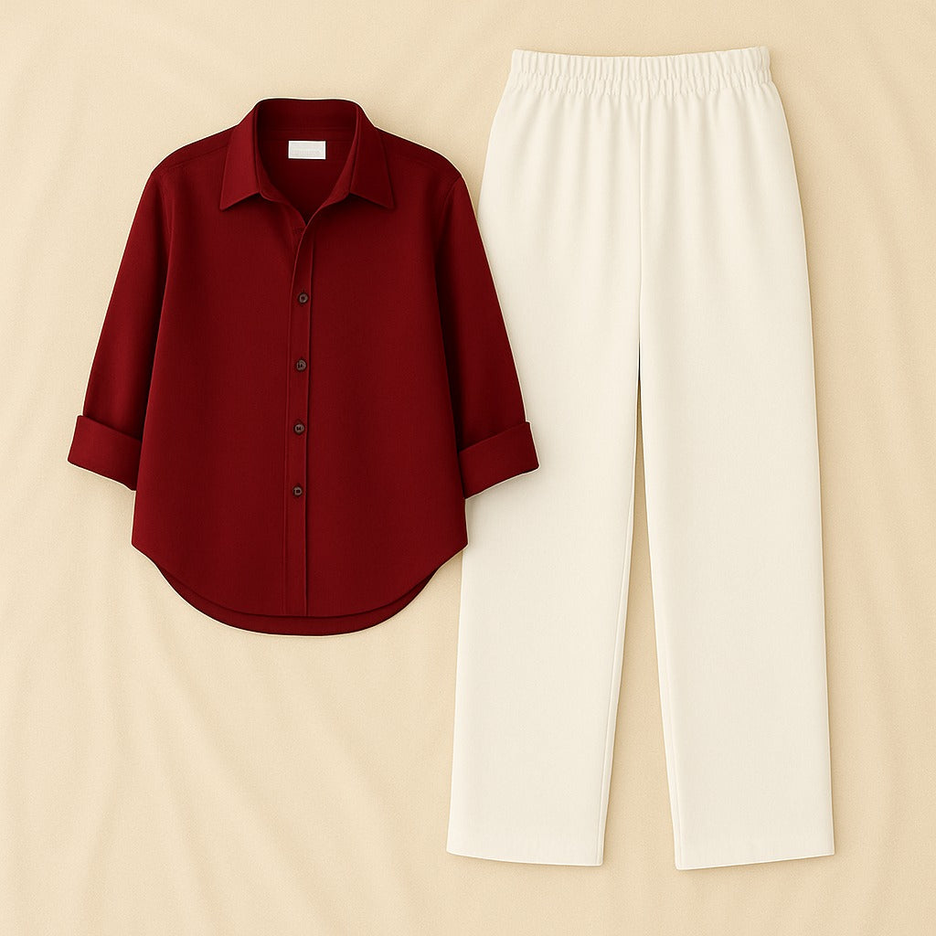 Maroon Shirt & White Pant Set