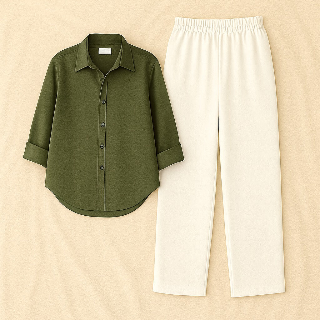 Olive Shirt & White Pant Set