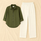 Olive Shirt & White Pant Set