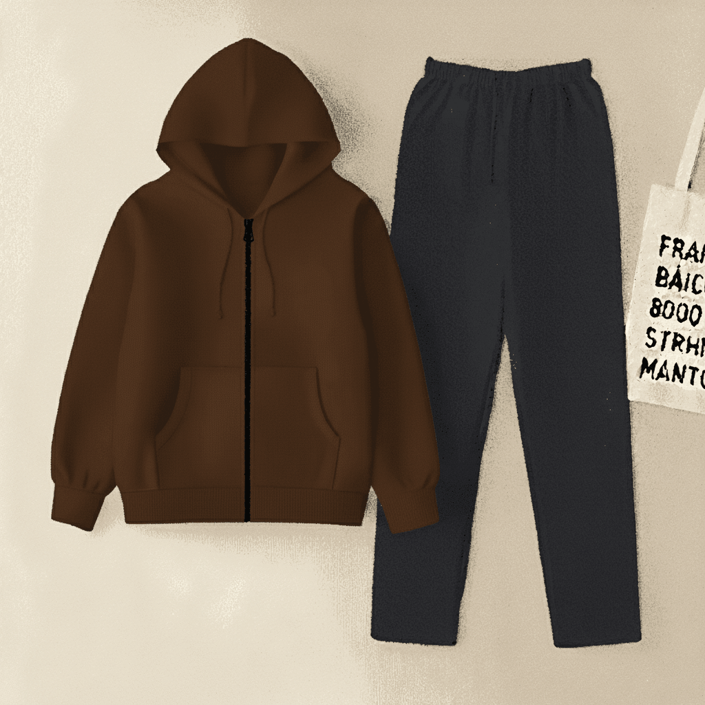 Brown Zipper And Navy Blue Trouser set