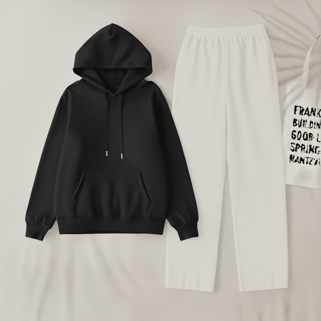 Black Hoodie & White Flapper Trouser Set