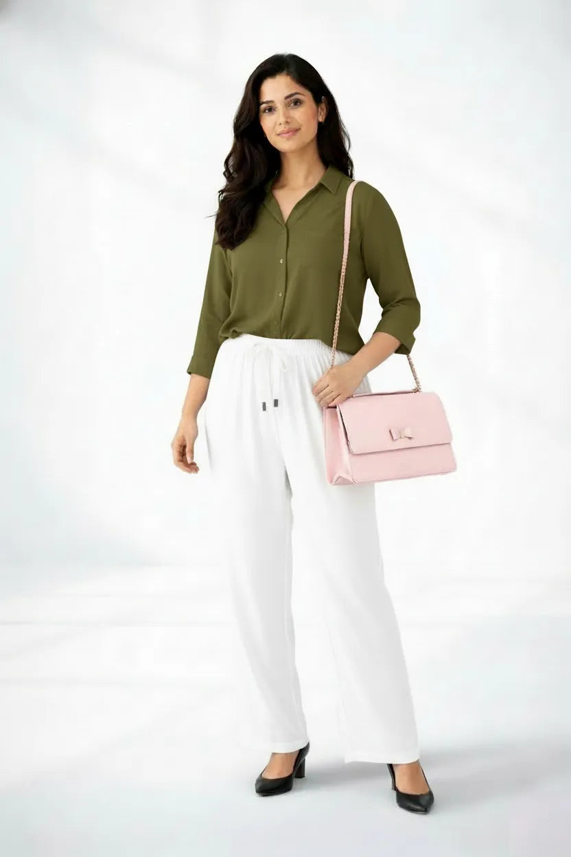 Olive Shirt & White Pant Set